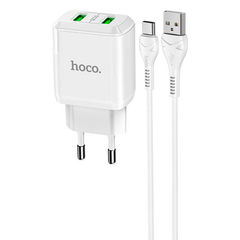 Сетевое зарядное устройство HOCO N6 |2USB, 3A, 2xQC3.0, 18W| адаптер с Type-C кабелем 1м и быстрой зарядкой White