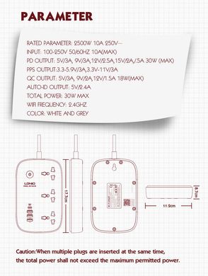 Мережевий подовжувач фільтр LDNIO SCW3451 |WiFi Управління, 2500W, 2M, 3 розетки, 3USB/1Type-C, QC/PD, 3A/30W| White