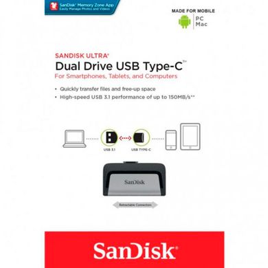 Флеш-накопитель SanDisk Ultra Dual (150 Mb/s) 2in1 32Gb Флешка с разъемом Type-C / USB3.1