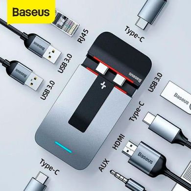 HUB адаптер USB Baseus Armor Age Type-C Bracket Multifunctional HUB Adapter Space 3USB*3.0, Type-C, 4KHDMI, AUX, RG45 переходник хаб CAHUB-AJ0G