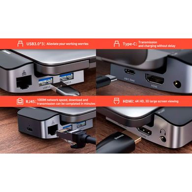 HUB адаптер USB Baseus Armor Age Type-C Bracket Multifunctional HUB Adapter Space 3USB*3.0, Type-C, 4KHDMI, AUX, RG45 переходник хаб CAHUB-AJ0G