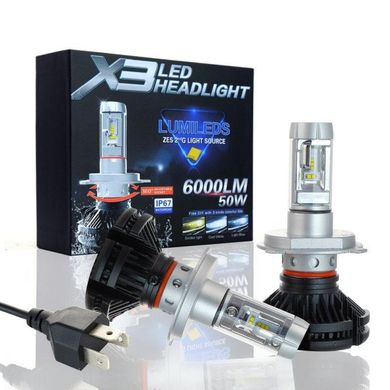 Светодиодные автомобильные лампы X3 LED Headlight H4 6000 Лм / 50 Вт комплект автомобильных светодиодных ламп