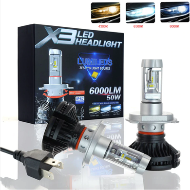 Світлодіодні автомобільні лампи X3 LED Headlight H4 6000 Лм / 50 Вт комплект автомобільних світлодіодних ламп