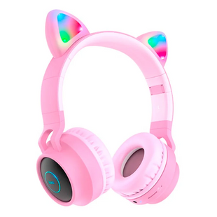 Беспроводные Bluetooth наушники HOCO Cheerful Cat Ear W27 с микрофоном и LED RGB подсветкой Кошачьи Ушки Pink