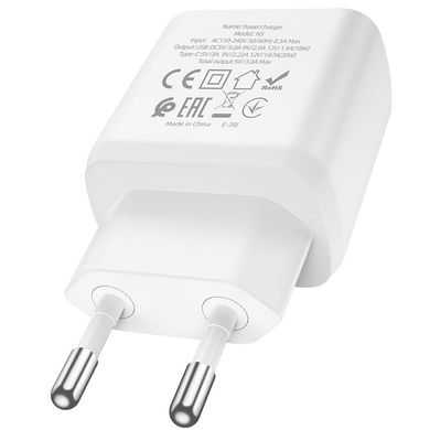 Зарядний пристрій HOCO N5 |1USB/1Type-C, PD20W/QC3.0, 3A| White адаптер із швидкою зарядкою