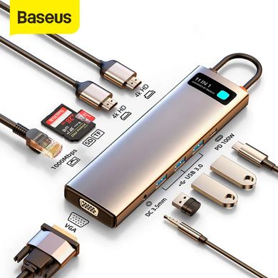 HUB адаптер Baseus Metal Gleam Series 11-in-1 3xUSB3.0+2x4K HD+Type-C+TF+SD+Type-C PD+VGA+3.5m+RJ45 перехідник хаб CAHUB-CT0G