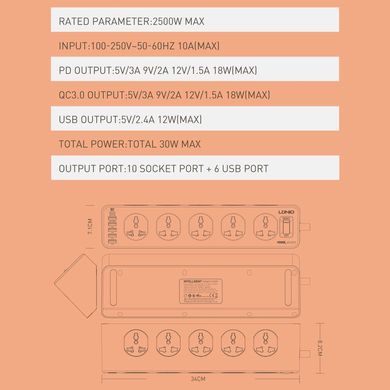Сетевой удлинитель фильтр Ldnio SC10610, 10 Розеток + 5 USB + 1 Type-C  , 2 м, быстрая зарядка Quick Charge 3
