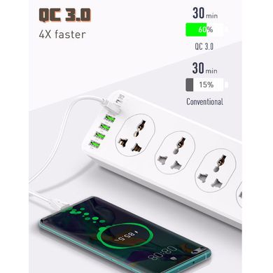 Мережевий подовжувач фільтр Ldnio SC10610, 10 Розеток + 5 USB + 1 Type-C, 2 м, швидка зарядка Quick Charge 3