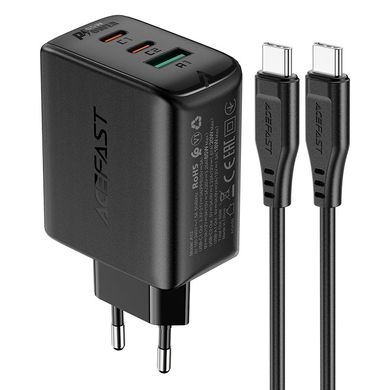 Сетевое зарядное устройство Acefast A13 2Type-C, USB, 3A, 65W, PD, QC3.0 адаптер с быстрой зарядкой и кабелем Type-C 1м Black