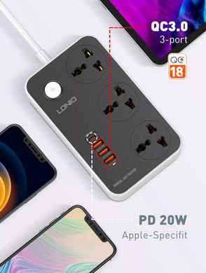 Сетевой удлинитель фильтр LDNIO SC3412 2500W, 2M, 3 розетки, 3USB / 1Type-C, QC / PD, 3A / 38W быстрая зарядка