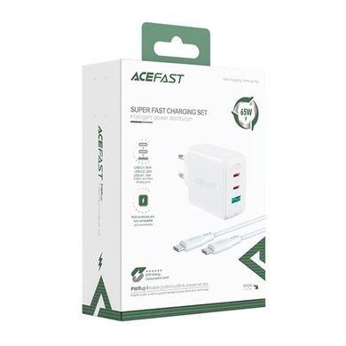 Мережевий зарядний пристрій Acefast A13 2Type-C, USB, 3A, 65W, PD, QC3.0 адаптер із швидкою зарядкою та кабелем Type-C 1м White