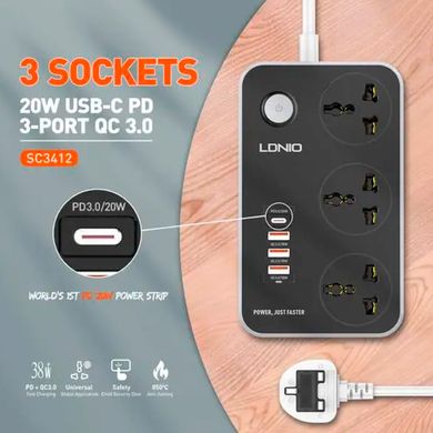 Сетевой удлинитель фильтр LDNIO SC3412 2500W, 2M, 3 розетки, 3USB / 1Type-C, QC / PD, 3A / 38W быстрая зарядка