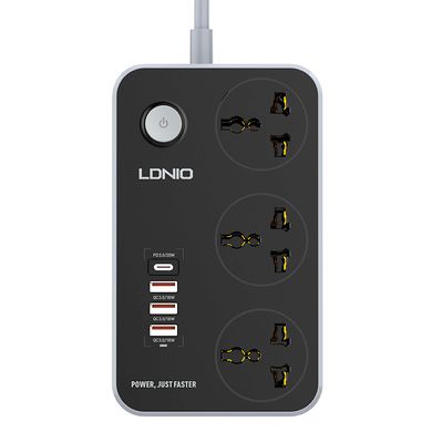 Сетевой удлинитель фильтр LDNIO SC3412 2500W, 2M, 3 розетки, 3USB/1Type-C, QC/PD, 3A/38W быстрая зарядка