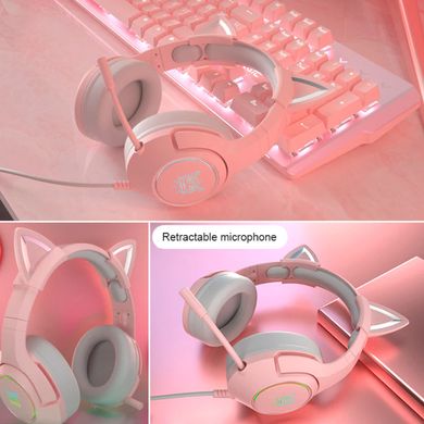 Ігрові наушники Onikuma K9 з мікрофоном і світлодіодним RGB підсвічуванням кошачі вушки провідні Pink