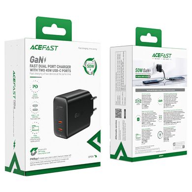 Мережевий зарядний пристрій Acefast A29 GaN 2xType-C, 3A, 50W, PD, QC3.0/QC4.0+ адаптер із швидкою зарядкою Black