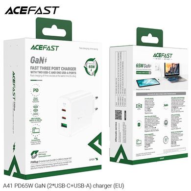 Мережевий зарядний пристрій ACEFAST GaN A41 |2Type-C/1USB, 65W/5A, PD/QC| адаптер зі швидким заряджанням White