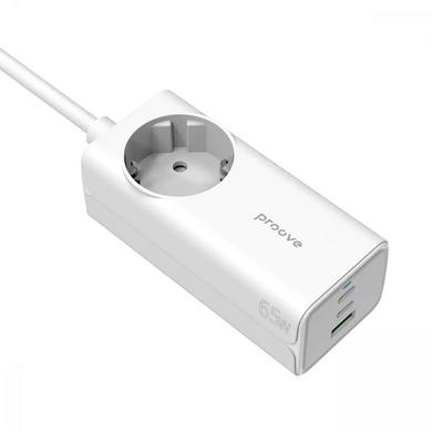 Сетевое зарядное устройство Proove PD-02 GaN |2Type-C/USB, 65W/16A, PD/QC4.0+| с розеткой и кабелем 1.5м. White