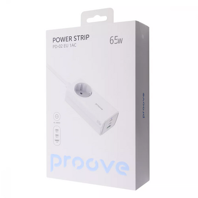 Сетевое зарядное устройство Proove PD-02 GaN |2Type-C/USB, 65W/16A, PD/QC4.0+| с розеткой и кабелем 1.5м. White