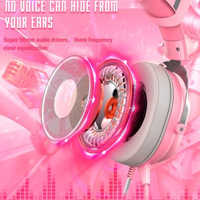 Ігрові навушники Onikuma K11 з мікрофоном і LED RGB підсвічуванням котячі вушка провідні Pink